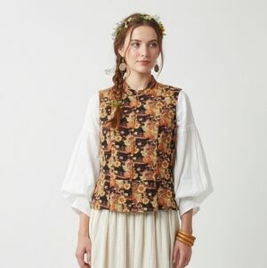 Christopher & Banks Brown Orange Floral Boho Denim Zip Vest Retro M